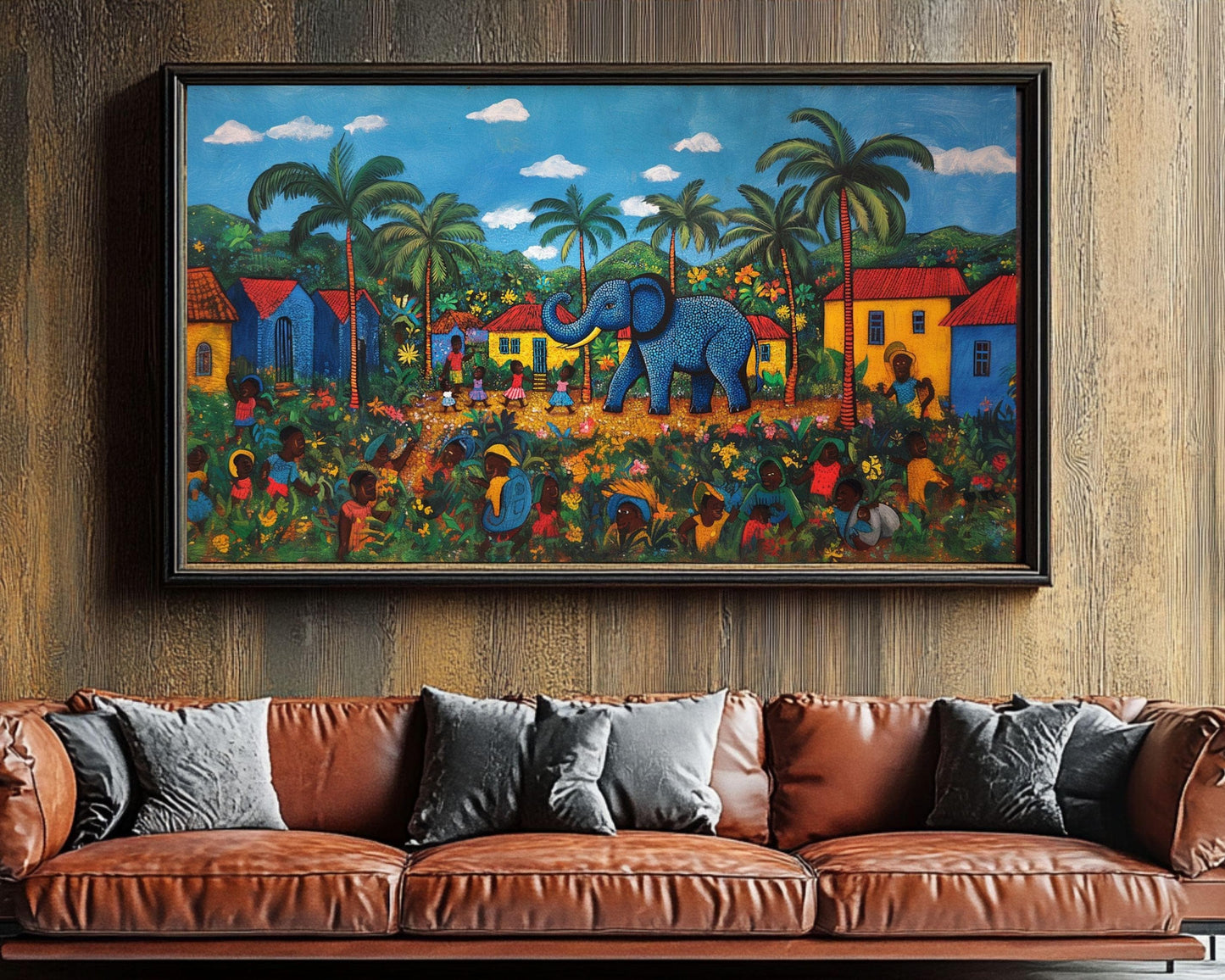 Haitian Folk Art Canvas – Blue Elephant in Vibrant Village Scene