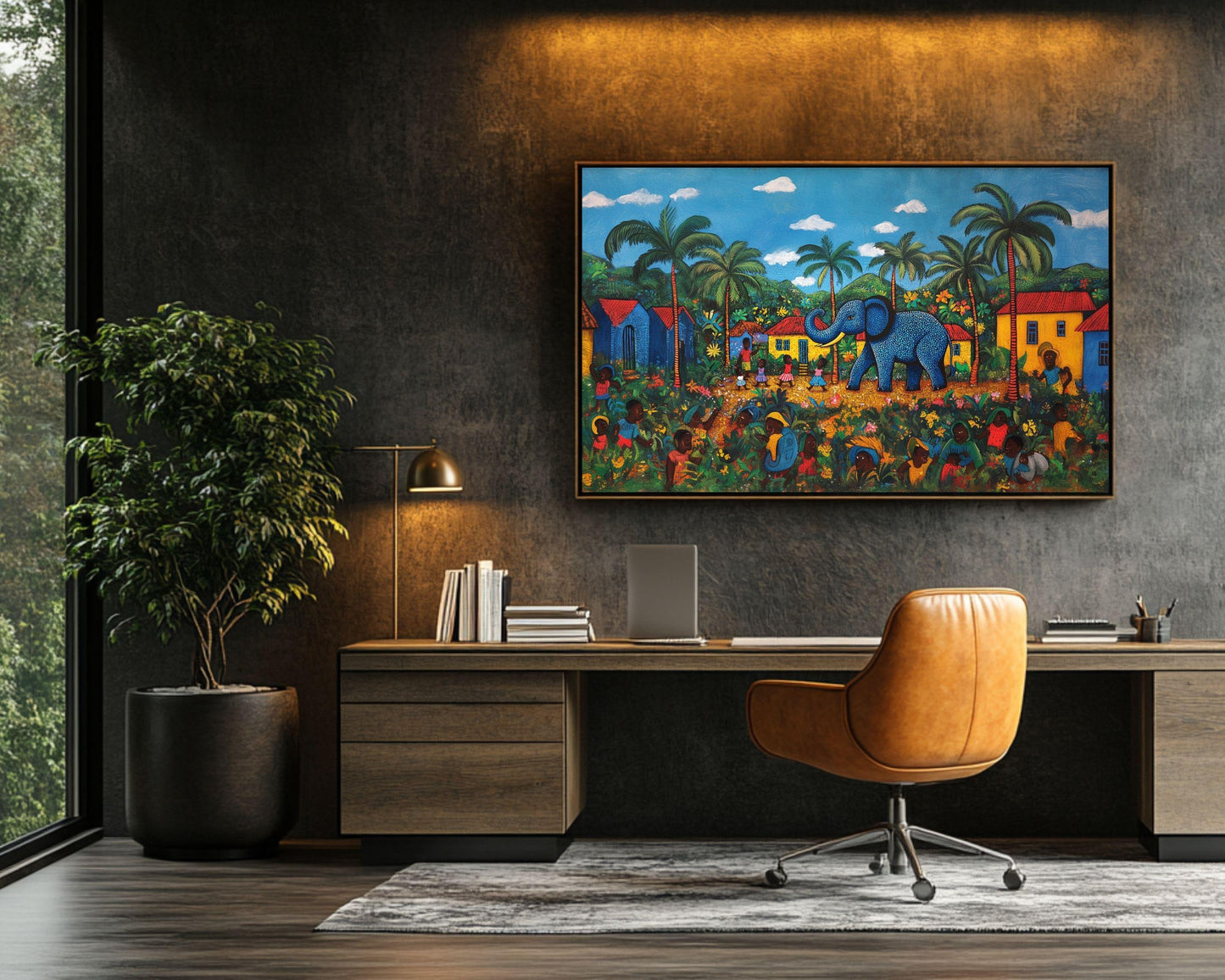 Haitian Folk Art Canvas – Blue Elephant in Vibrant Village Scene