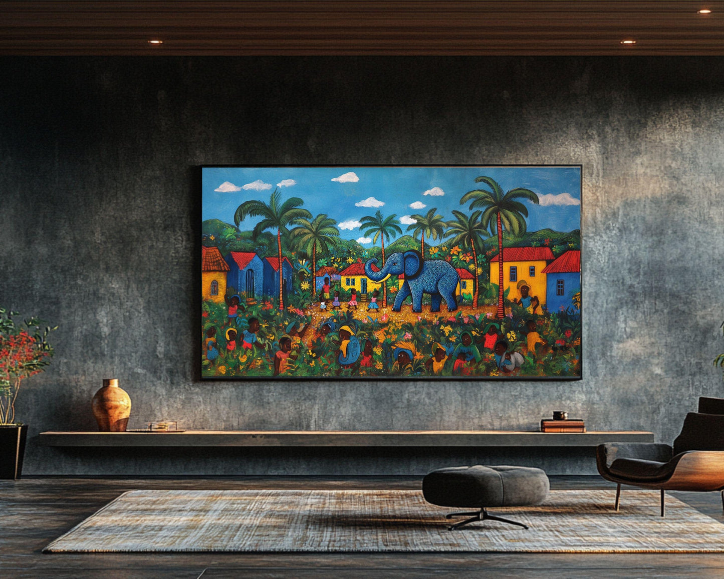 Haitian Folk Art Canvas – Blue Elephant in Vibrant Village Scene