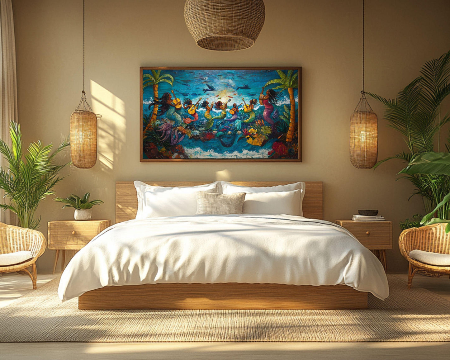 Haitian Folk Art Canvas – Joyful Mermaids with Guitars in Ocean Scene