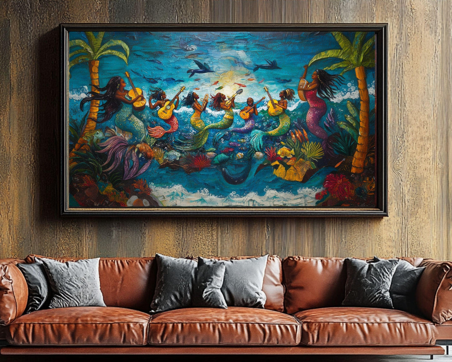 Haitian Folk Art Canvas – Joyful Mermaids with Guitars in Ocean Scene