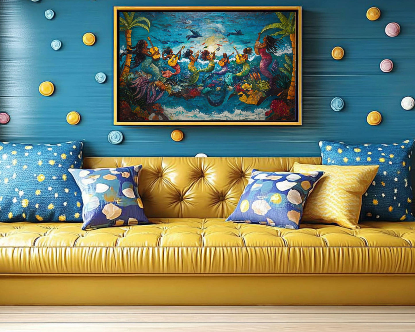 Haitian Folk Art Canvas – Joyful Mermaids with Guitars in Ocean Scene