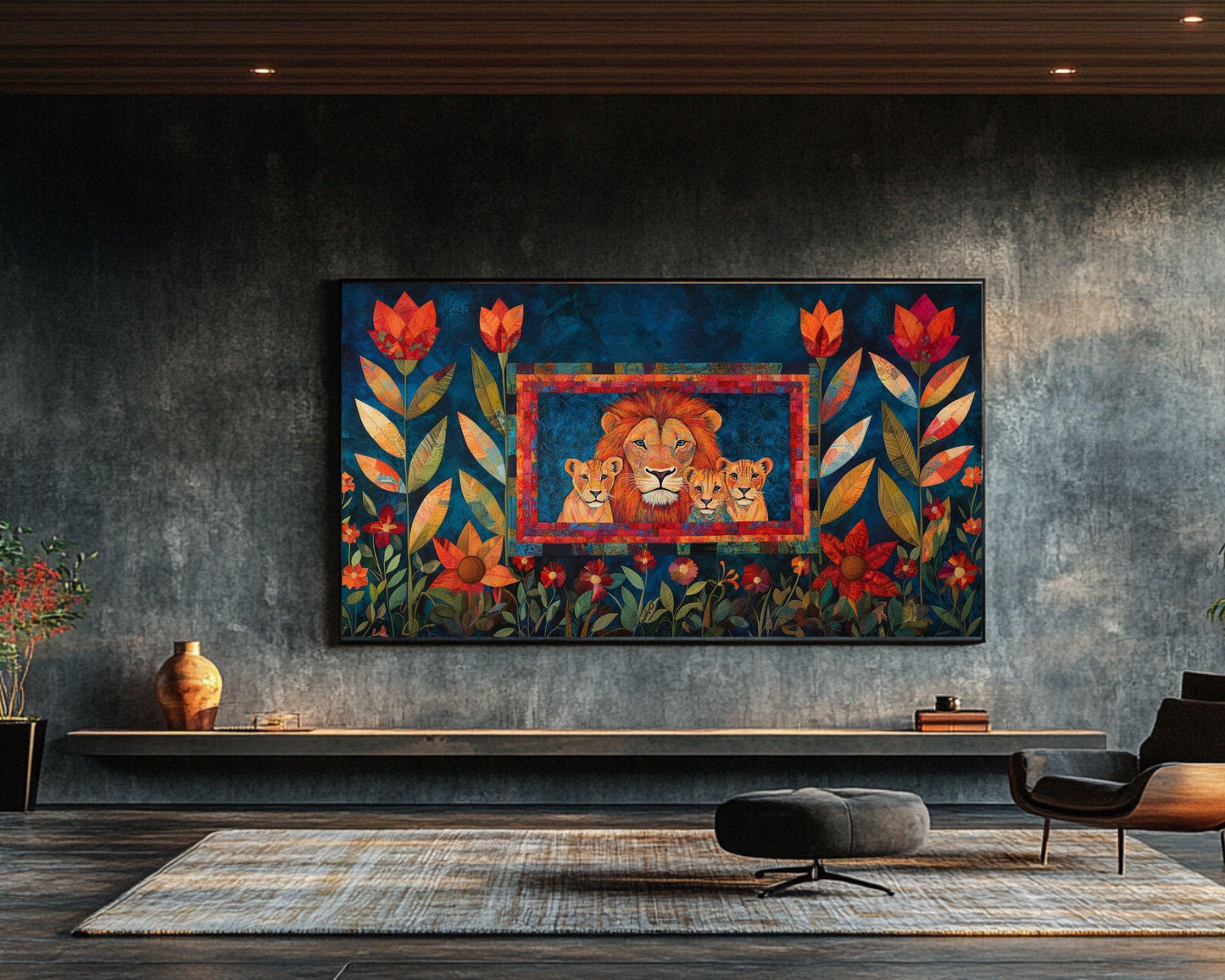 Lion Family Canvas Art – Vibrant Floral Afrocentric Wall Decor