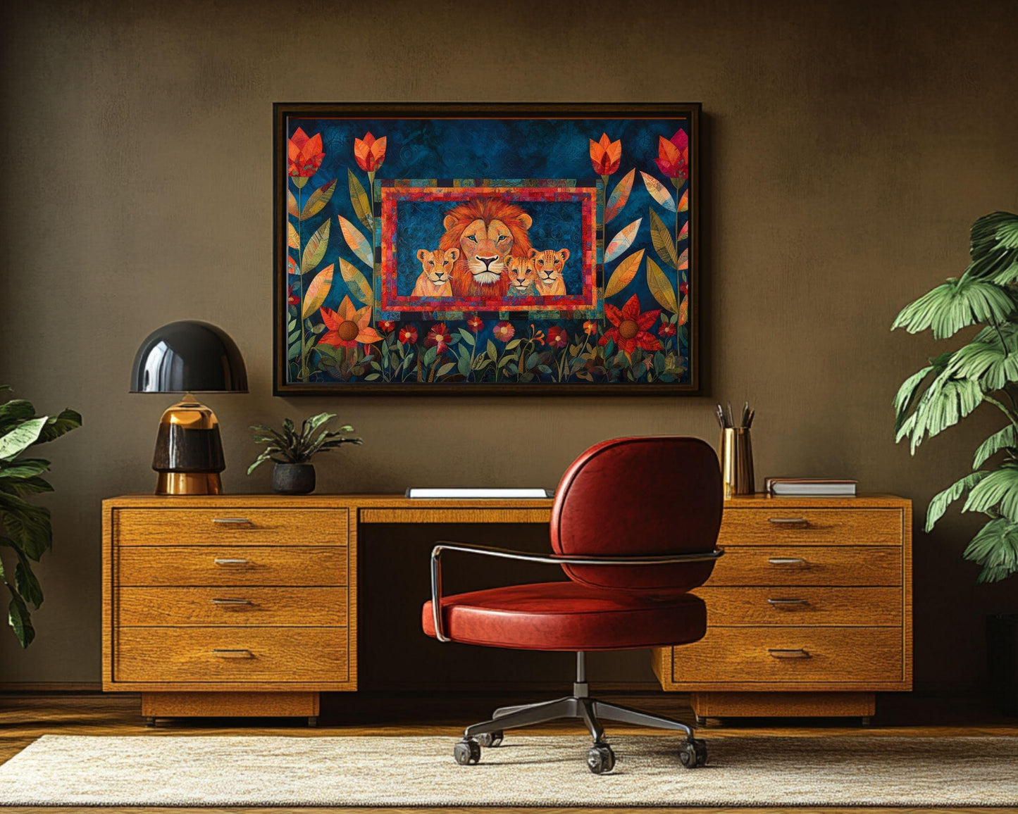 Lion Family Canvas Art – Vibrant Floral Afrocentric Wall Decor