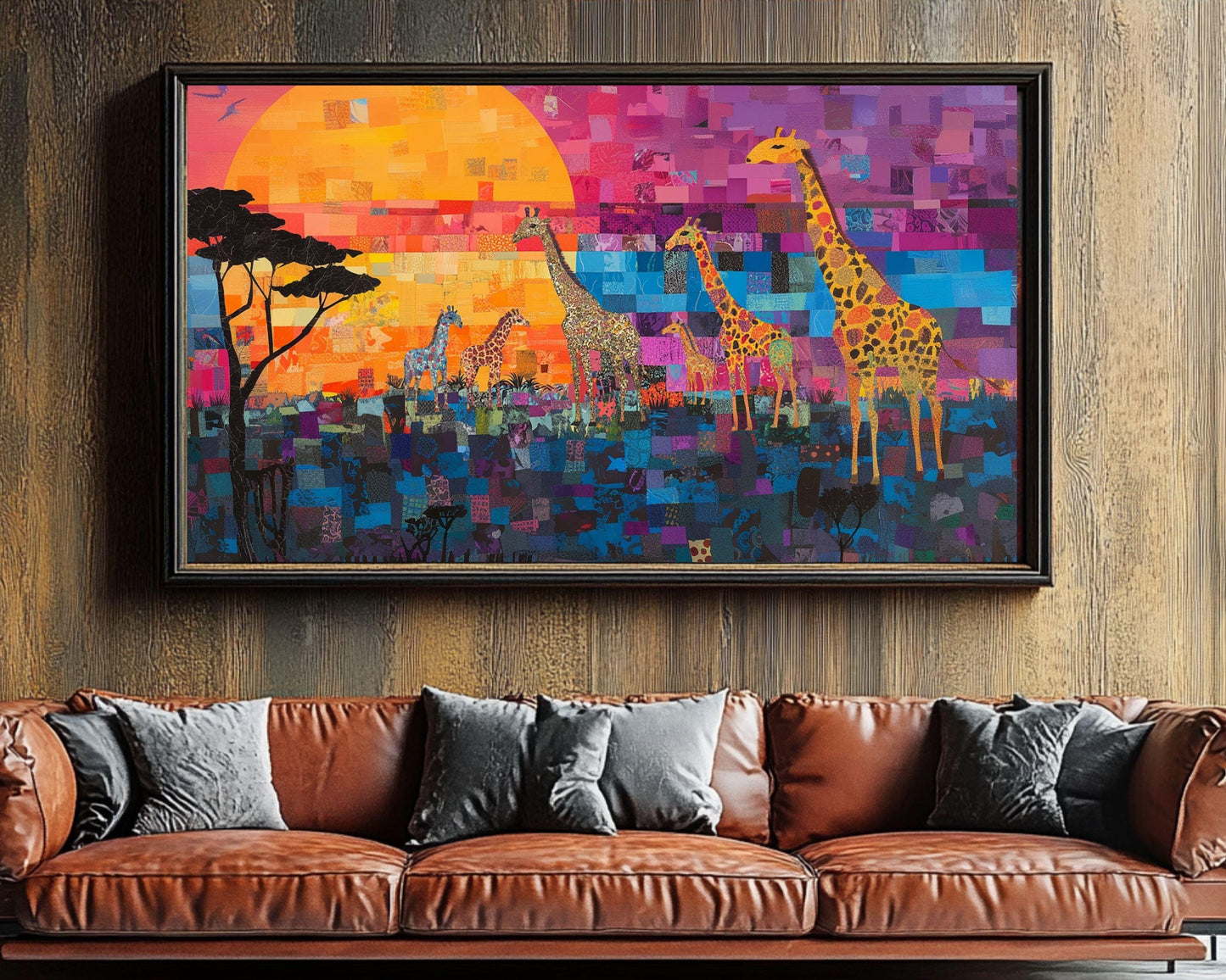 Giraffe Family Sunset Wall Art - Vibrant African Wildlife Canvas