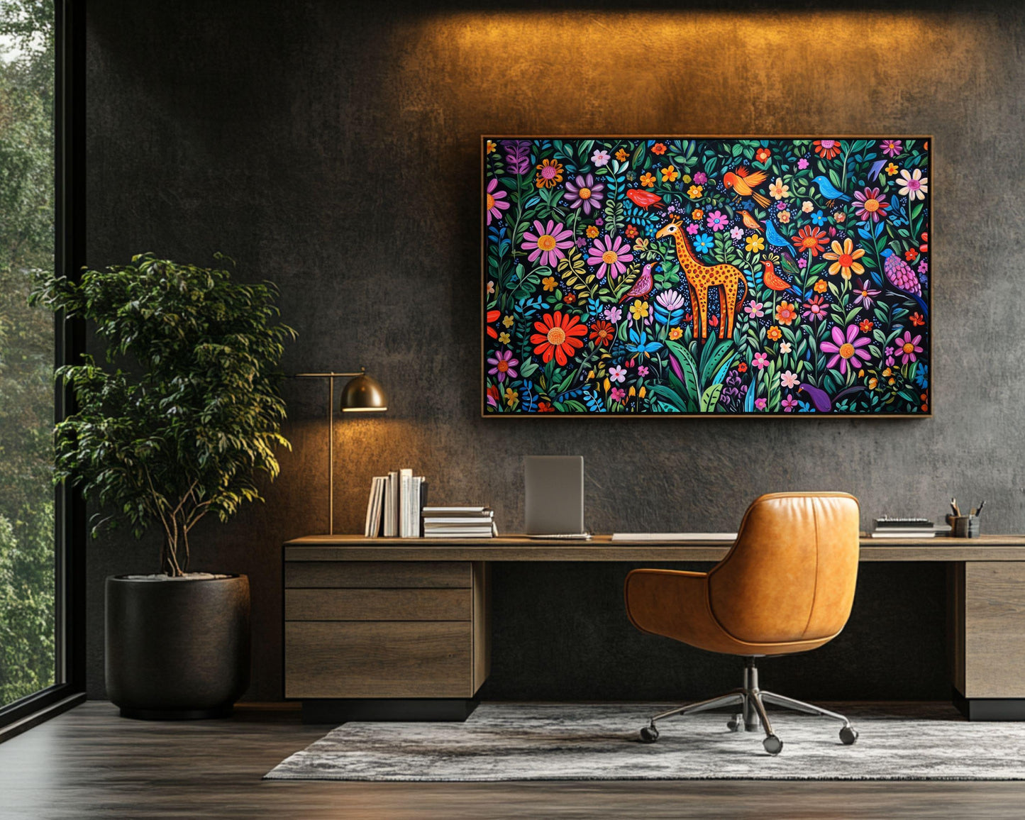 Haitian-Inspired Giraffe in Floral Paradise | Vibrant Canvas Art