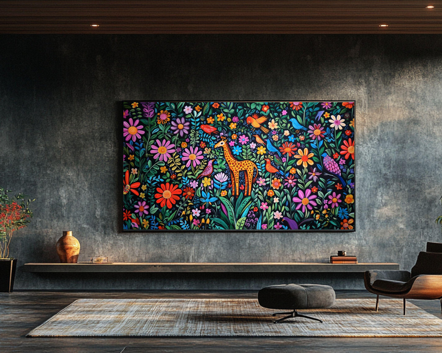 Haitian-Inspired Giraffe in Floral Paradise | Vibrant Canvas Art