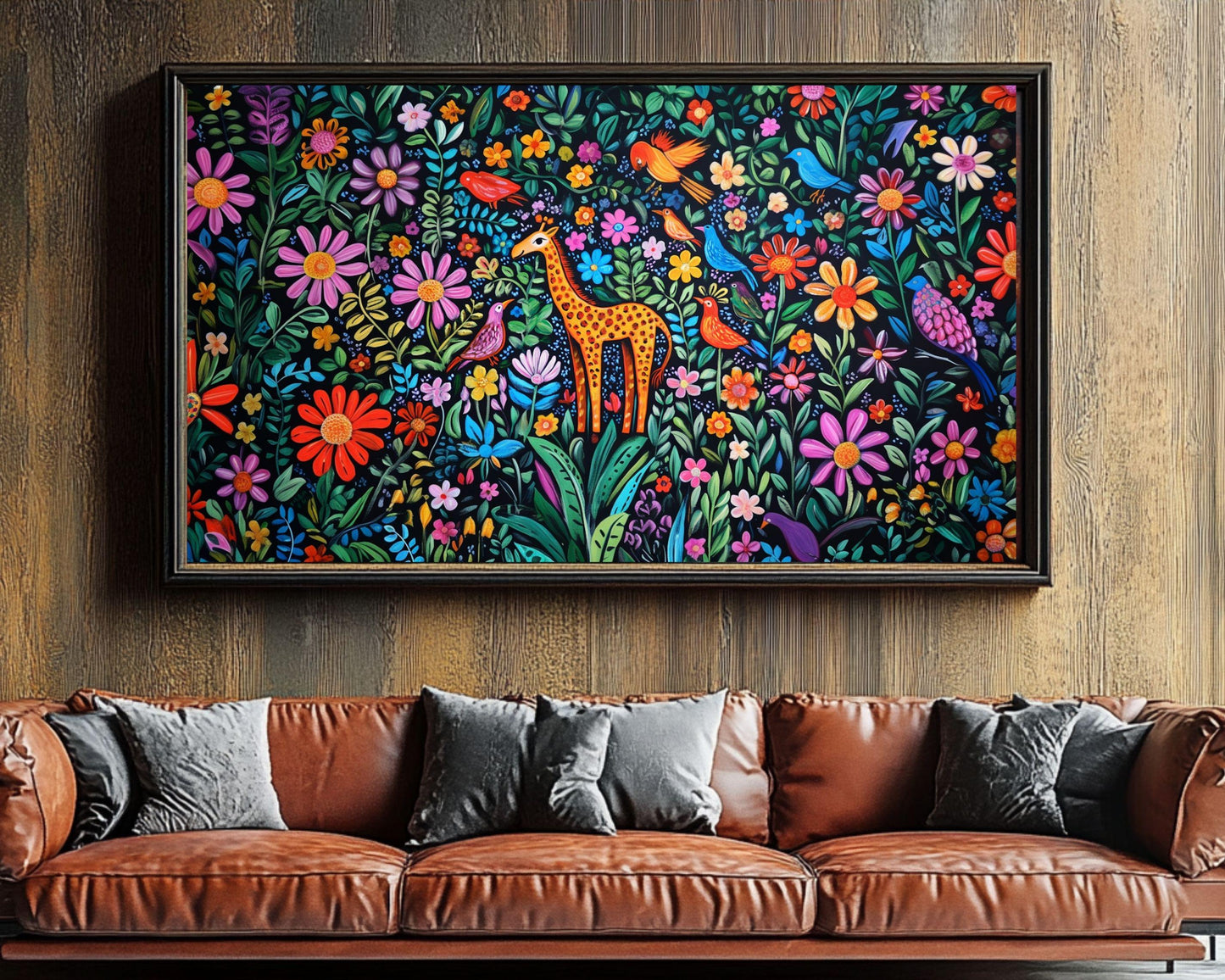 Haitian-Inspired Giraffe in Floral Paradise | Vibrant Canvas Art