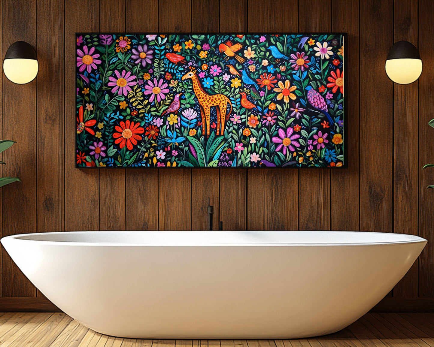 Haitian-Inspired Giraffe in Floral Paradise | Vibrant Canvas Art