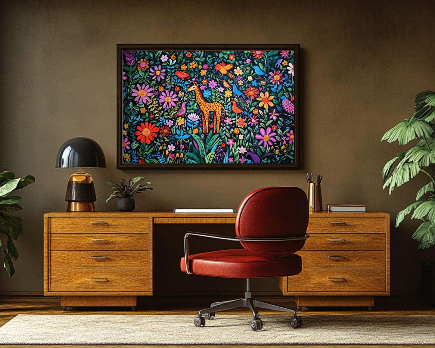 Haitian-Inspired Giraffe in Floral Paradise | Vibrant Canvas Art