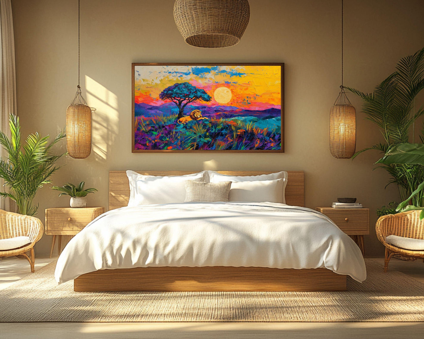 Lion at Sunset African Landscape Art | Vibrant Canvas Print