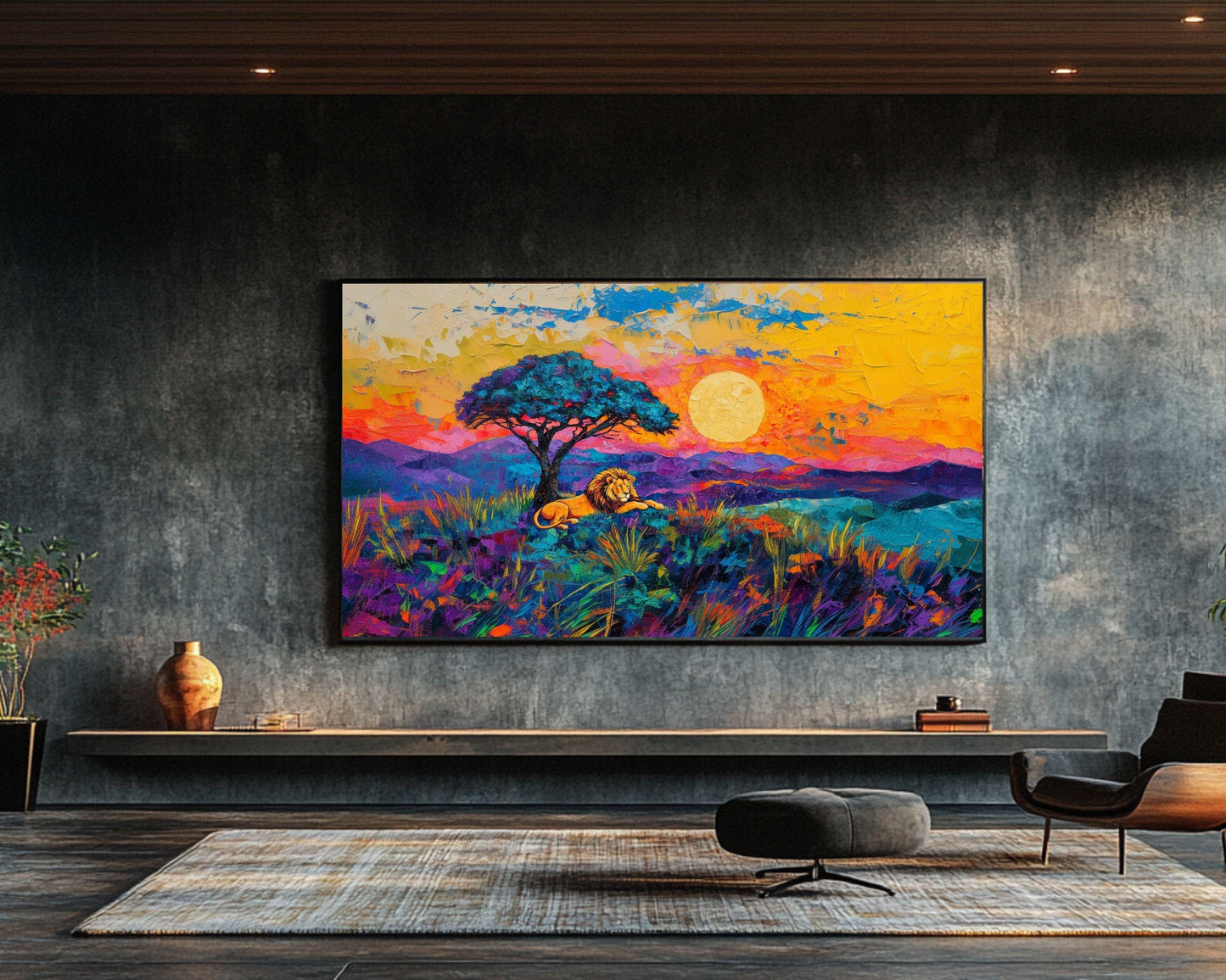 Lion at Sunset African Landscape Art | Vibrant Canvas Print