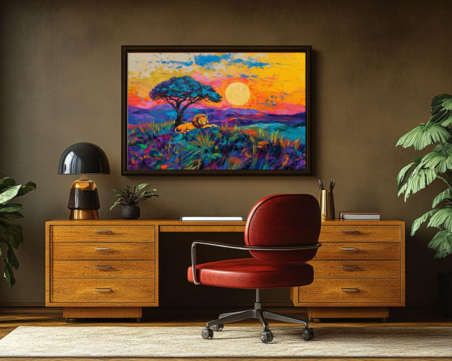 Lion at Sunset African Landscape Art | Vibrant Canvas Print