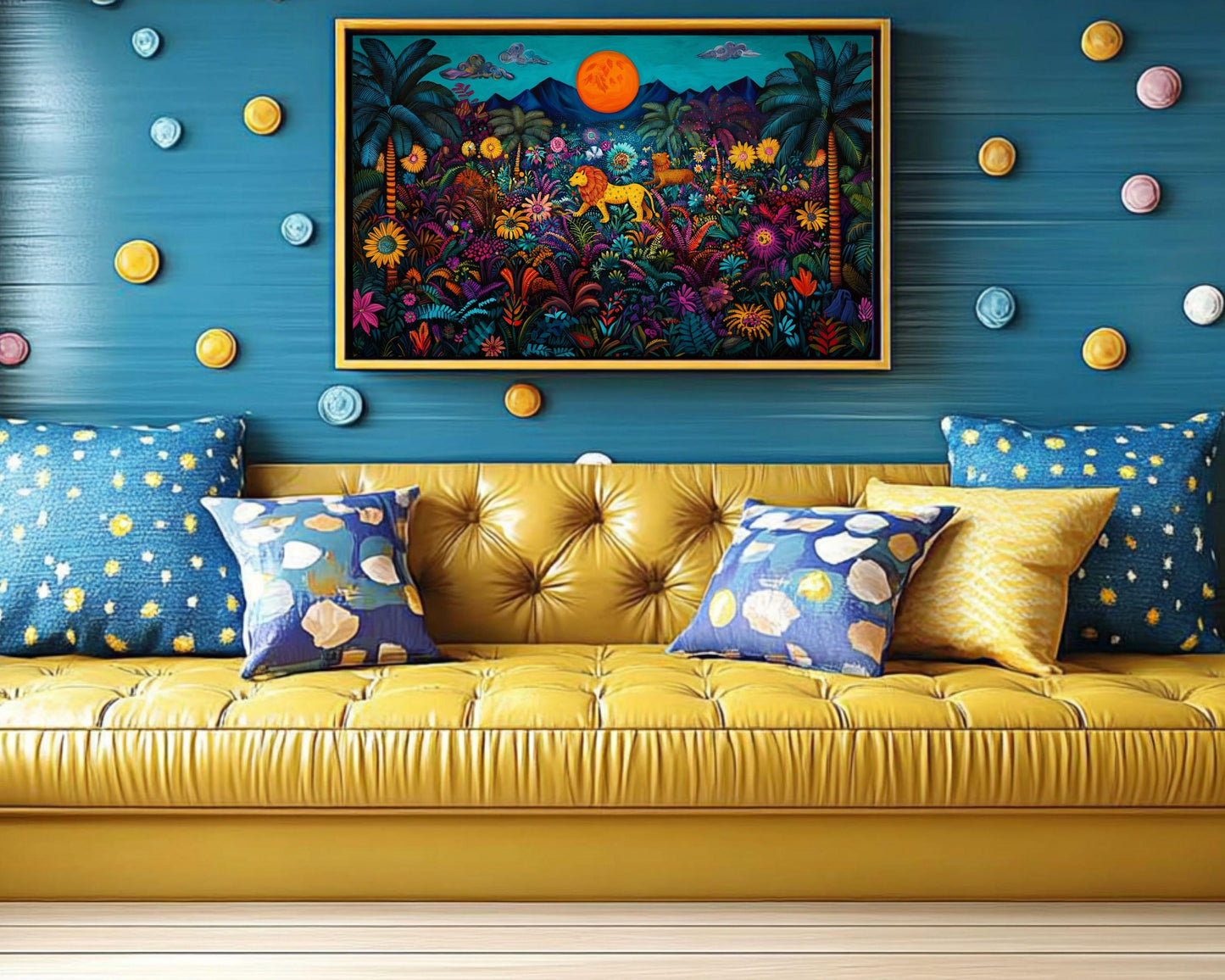 Haitian Folk Art Lions in Vibrant Jungle | Colorful Canvas Print