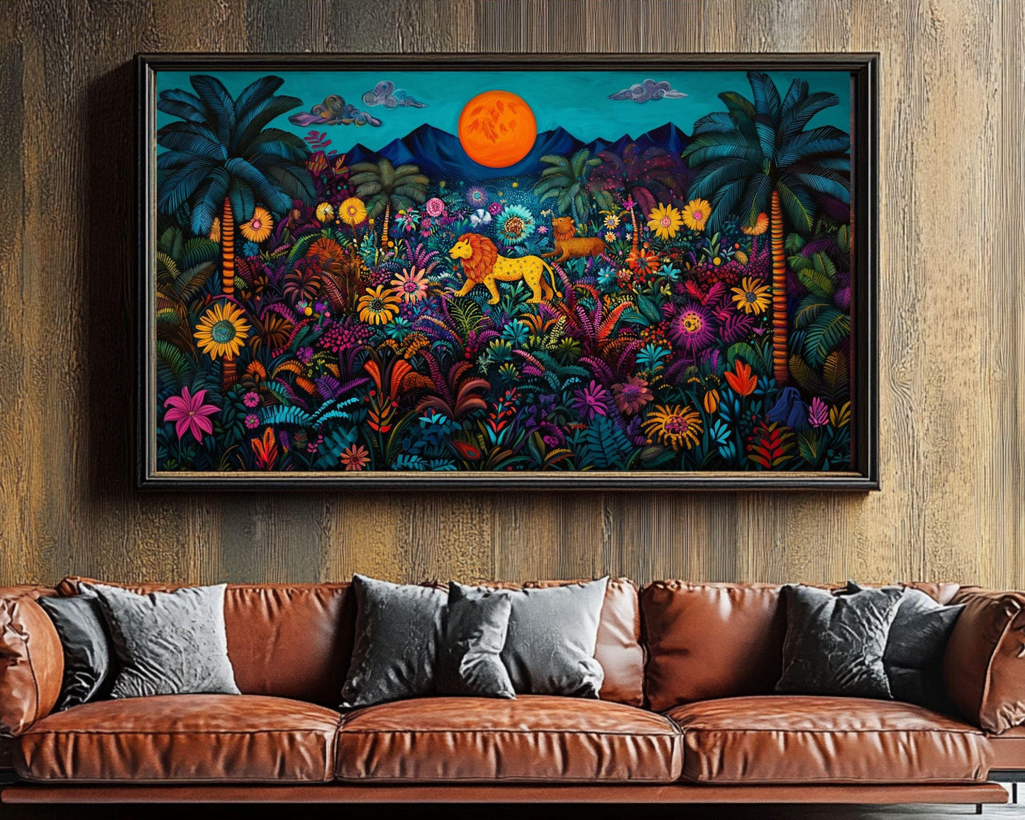 Haitian Folk Art Lions in Vibrant Jungle | Colorful Canvas Print