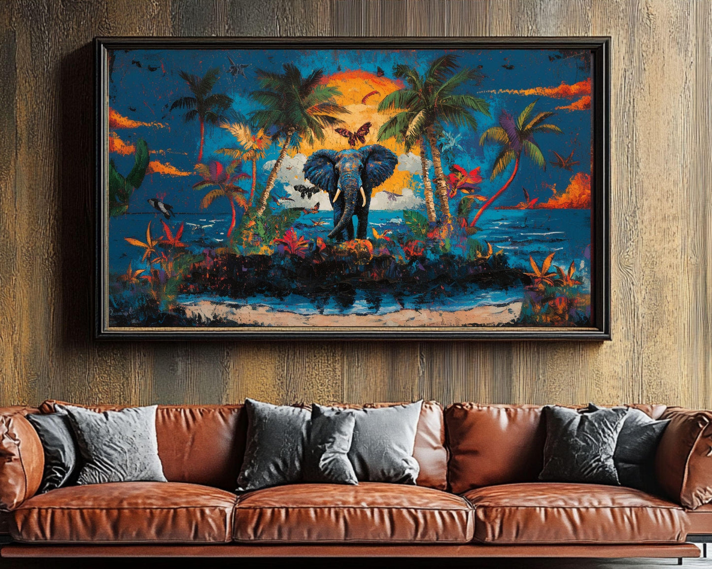 Elephant by the Ocean Tropical Canvas | Vibrant Wildlife Art