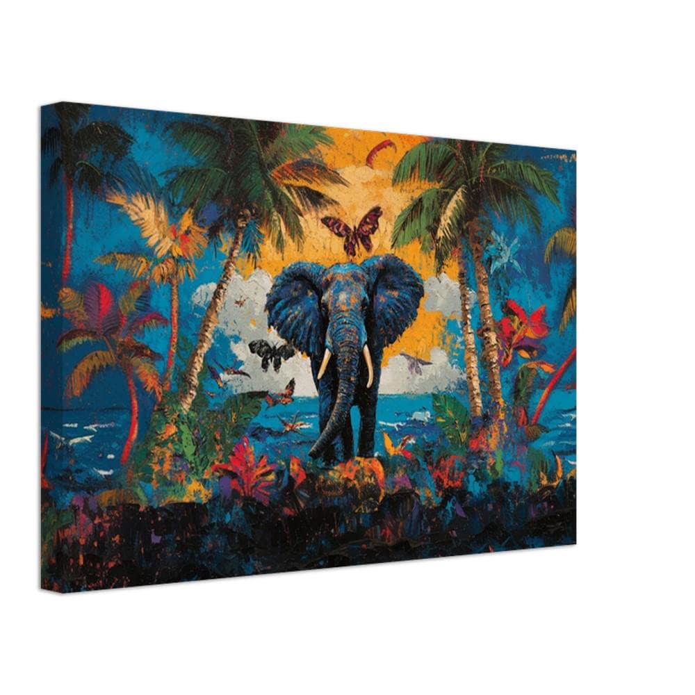 Stunning elephant tropical sunset artwork, showcasing vibrant colors in this African American wall art canvas.