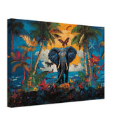 Stunning elephant tropical sunset artwork, showcasing vibrant colors in this African American wall art canvas.