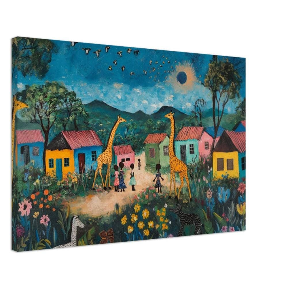 Giraffe Village African American wall art featuring whimsical black folk art on a vibrant canvas print.