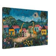 Giraffe Village African American wall art featuring whimsical black folk art on a vibrant canvas print.