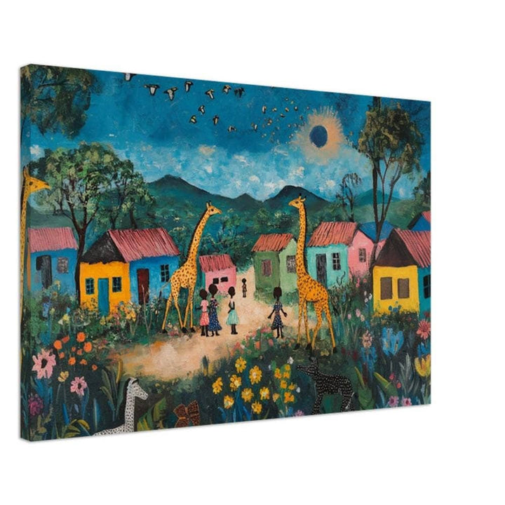 Giraffe Village African American wall art featuring whimsical black folk art on a vibrant canvas print.
