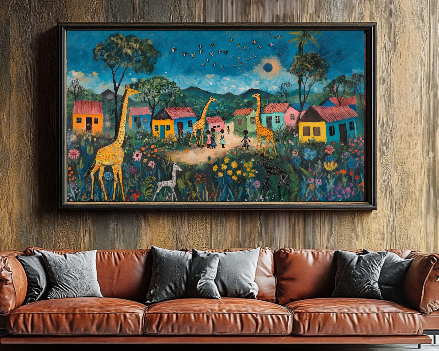 Village Giraffes Folk Art | Vibrant African-Inspired Canvas