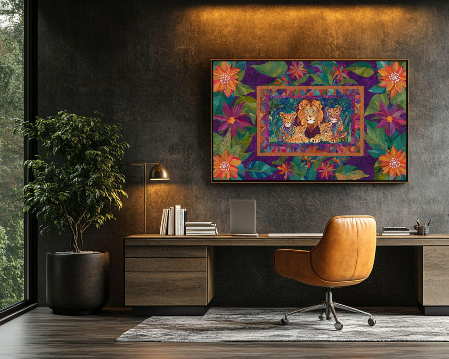 Lion Family Quilted Art | Vibrant African-Inspired Canvas Print