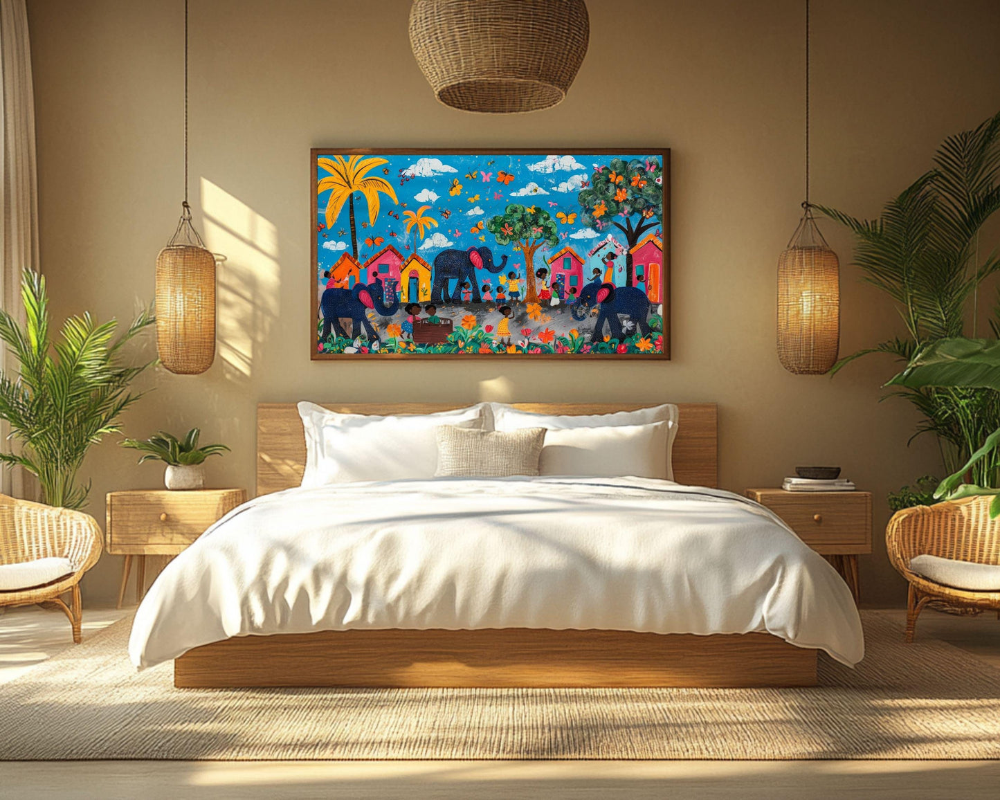 Village Elephants Folk Art | Vibrant Haitian Canvas Print