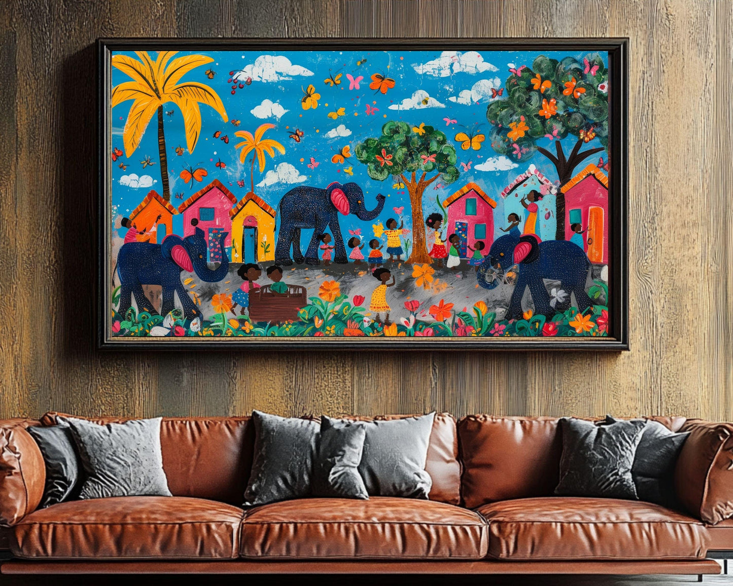 Village Elephants Folk Art | Vibrant Haitian Canvas Print