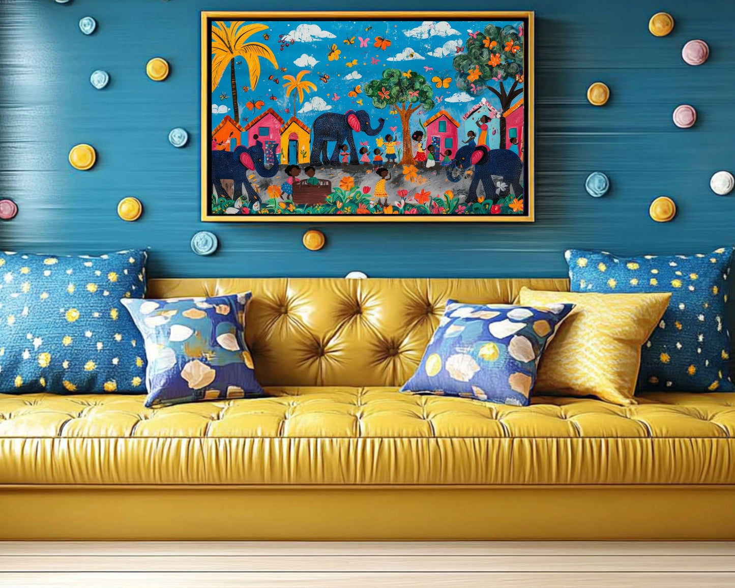 Village Elephants Folk Art | Vibrant Haitian Canvas Print