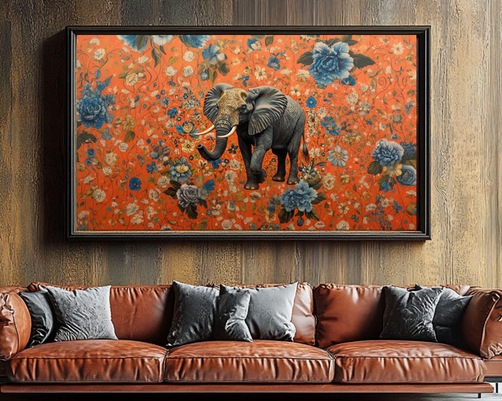 Majestic Elephant Black Wall Art with Vibrant Floral Background