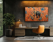 Majestic Elephant Black with Vibrant Floral Background cultural wall decor print by MoomZee Artwork