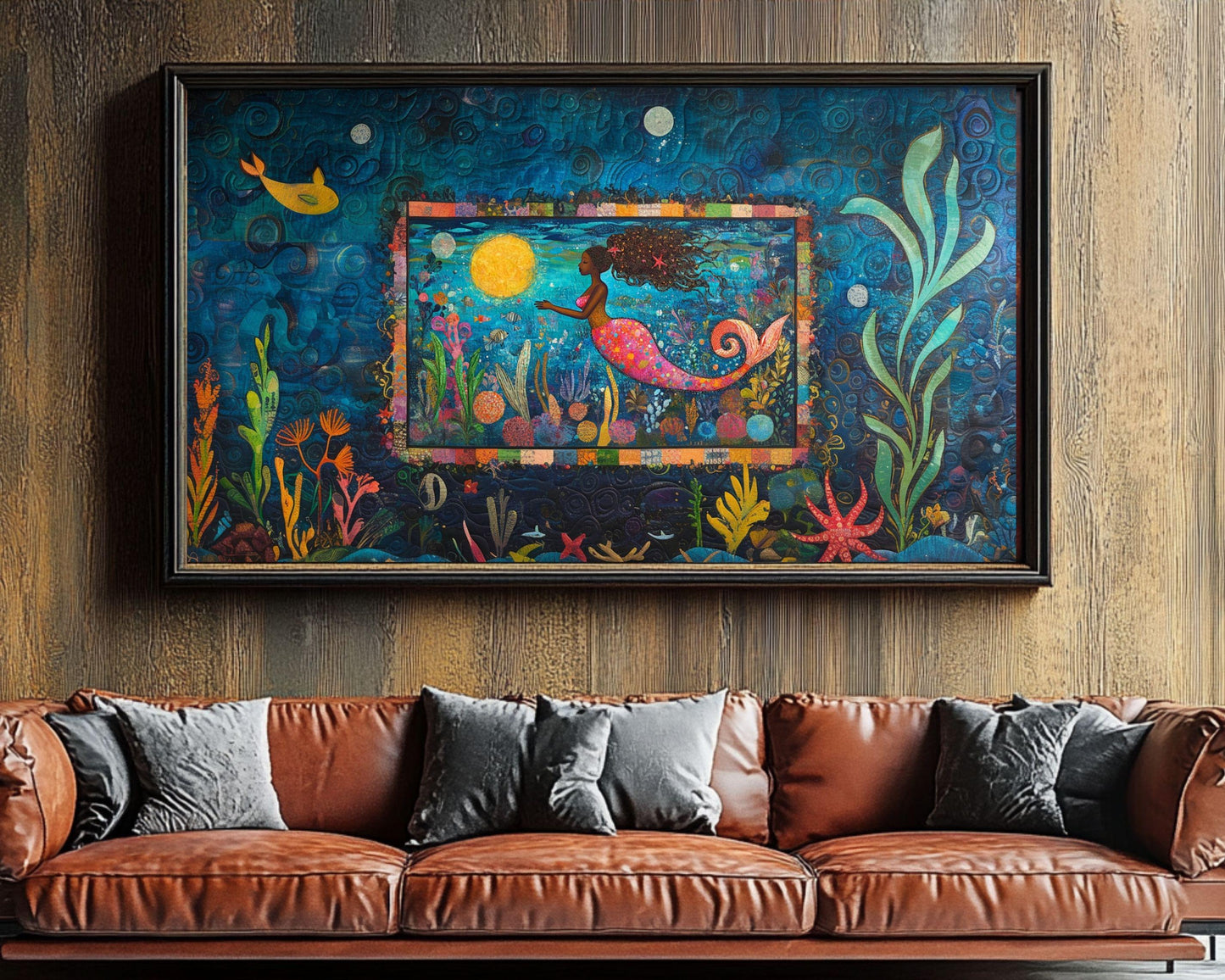 Framed Mermaid Quilt Art | Vibrant Underwater Canvas Print