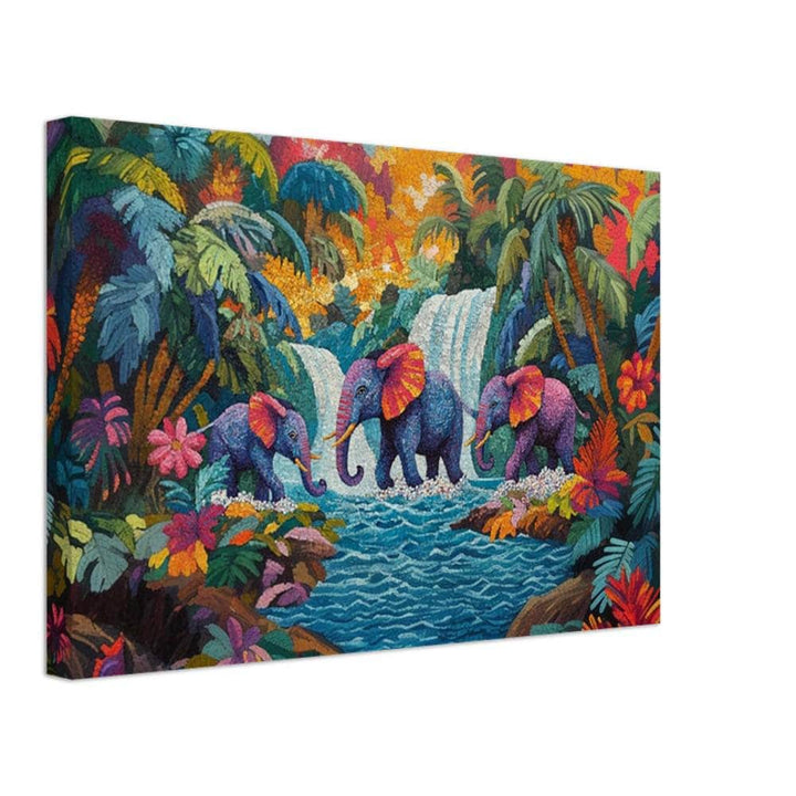 Tropical Elephant Family canvas art featuring vibrant Haitian folk art, perfect as African American wall art.