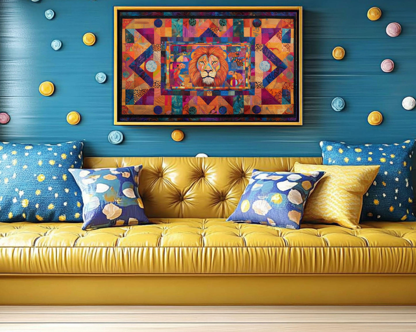 Lion Family Canvas Art | Vibrant Patchwork Safari Print