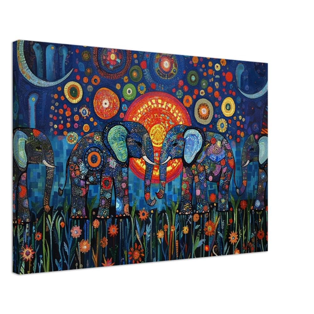 Elephants African American mosaic sky canvas art featuring vibrant colors and intricate patterns for striking wall décor.