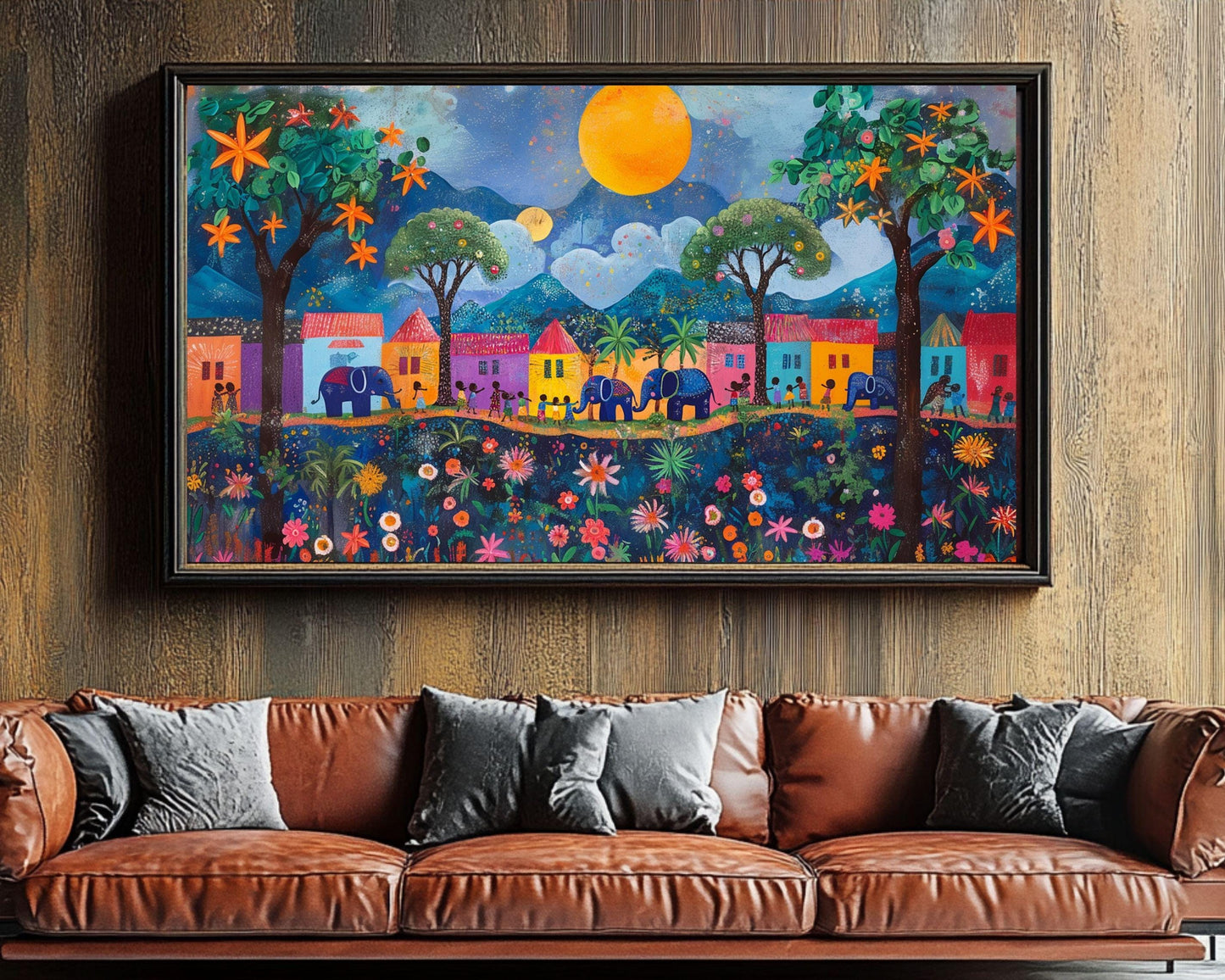 Haitian Folk Art Elephants in a Village Canvas