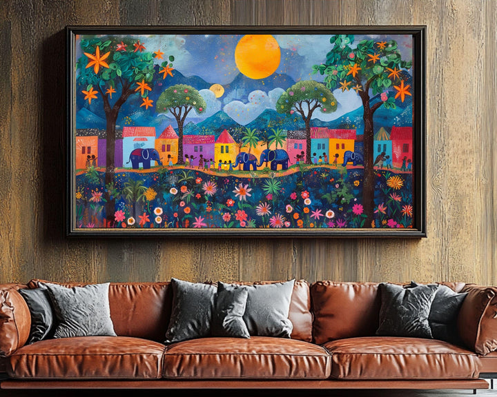 Haitian Folk Art Elephants in a Village Canvas African American Wall Art