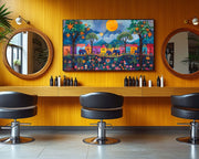 Haitian Folk Elephants in a Village Caribbean wall art canvas print by MoomZee Artwork