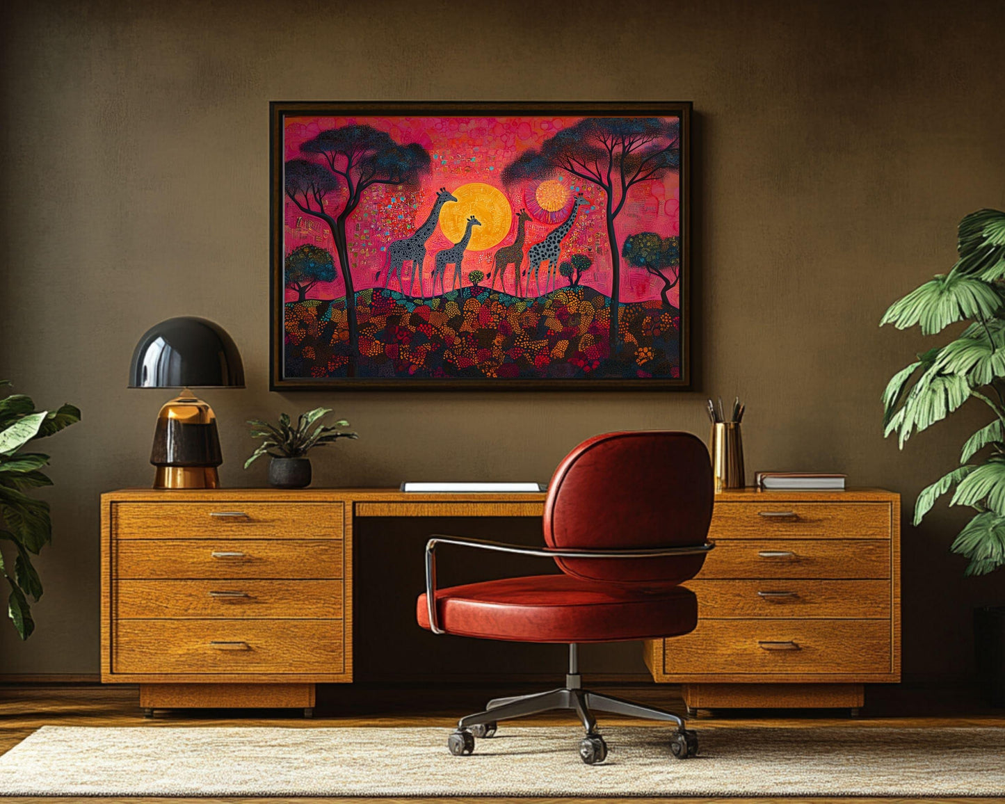 African American Giraffe Family Sunset Canvas Art Print