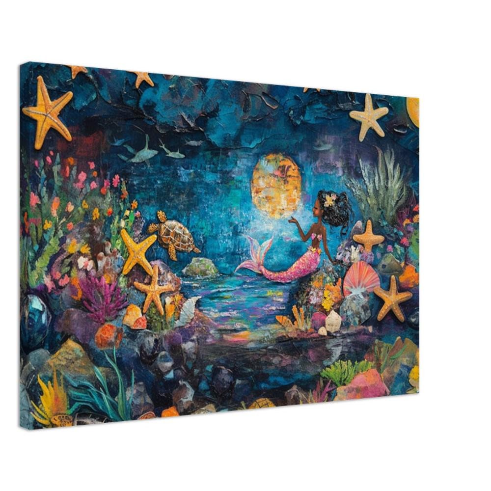 Mermaid at Moonlight Caribbean wall art canvas print by MoomZee Artwork