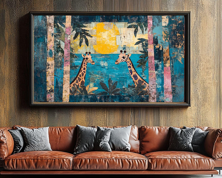 Giraffes and Sun African American Wall Art Canvas Print