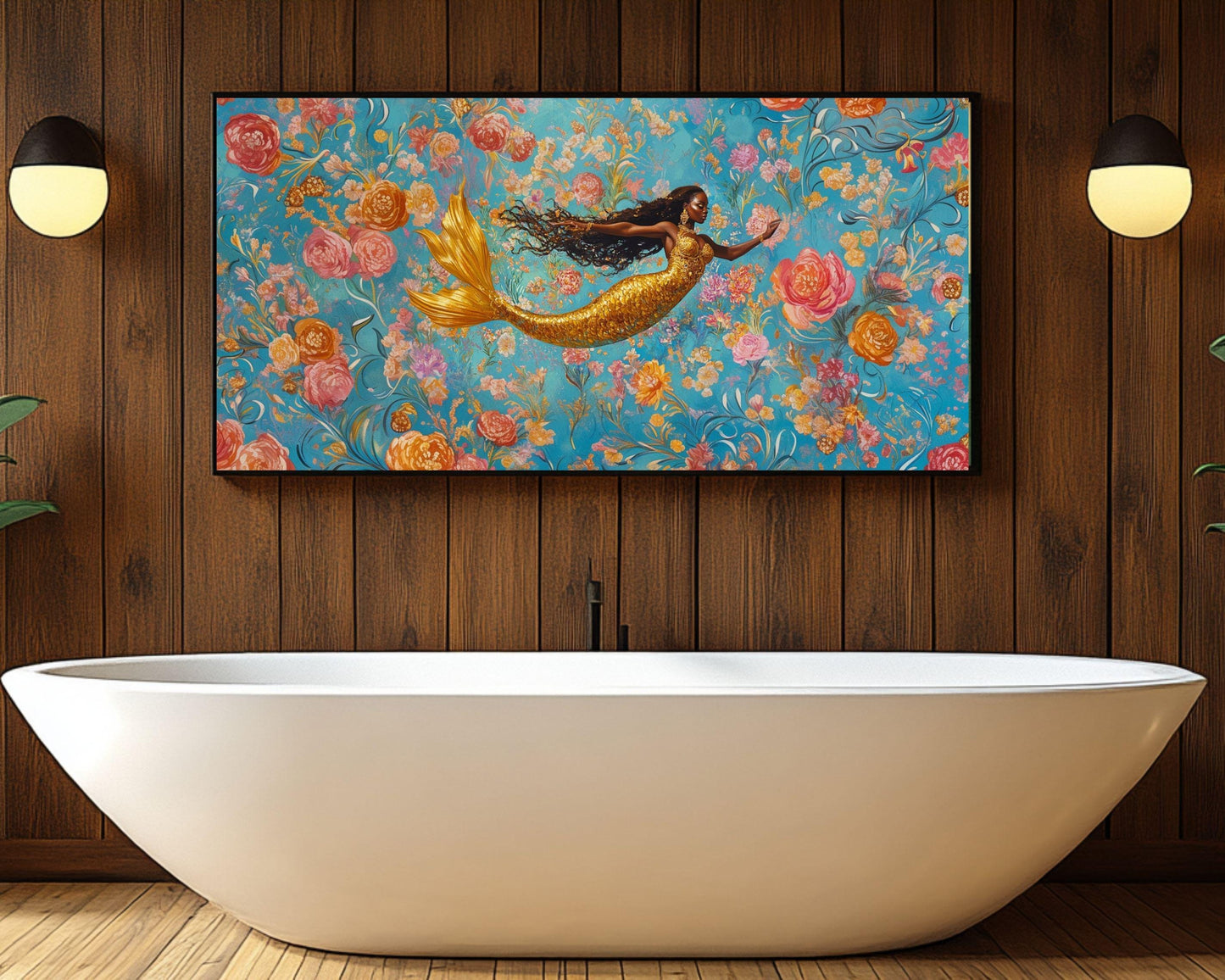 Black Mermaid Canvas Print - Vibrant Floral Underwater Art