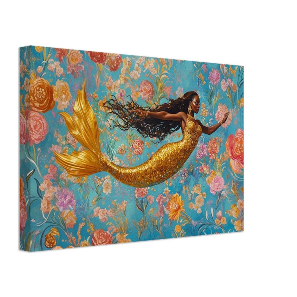 Black Mermaid Canvas Print - Vibrant Floral Underwater Art