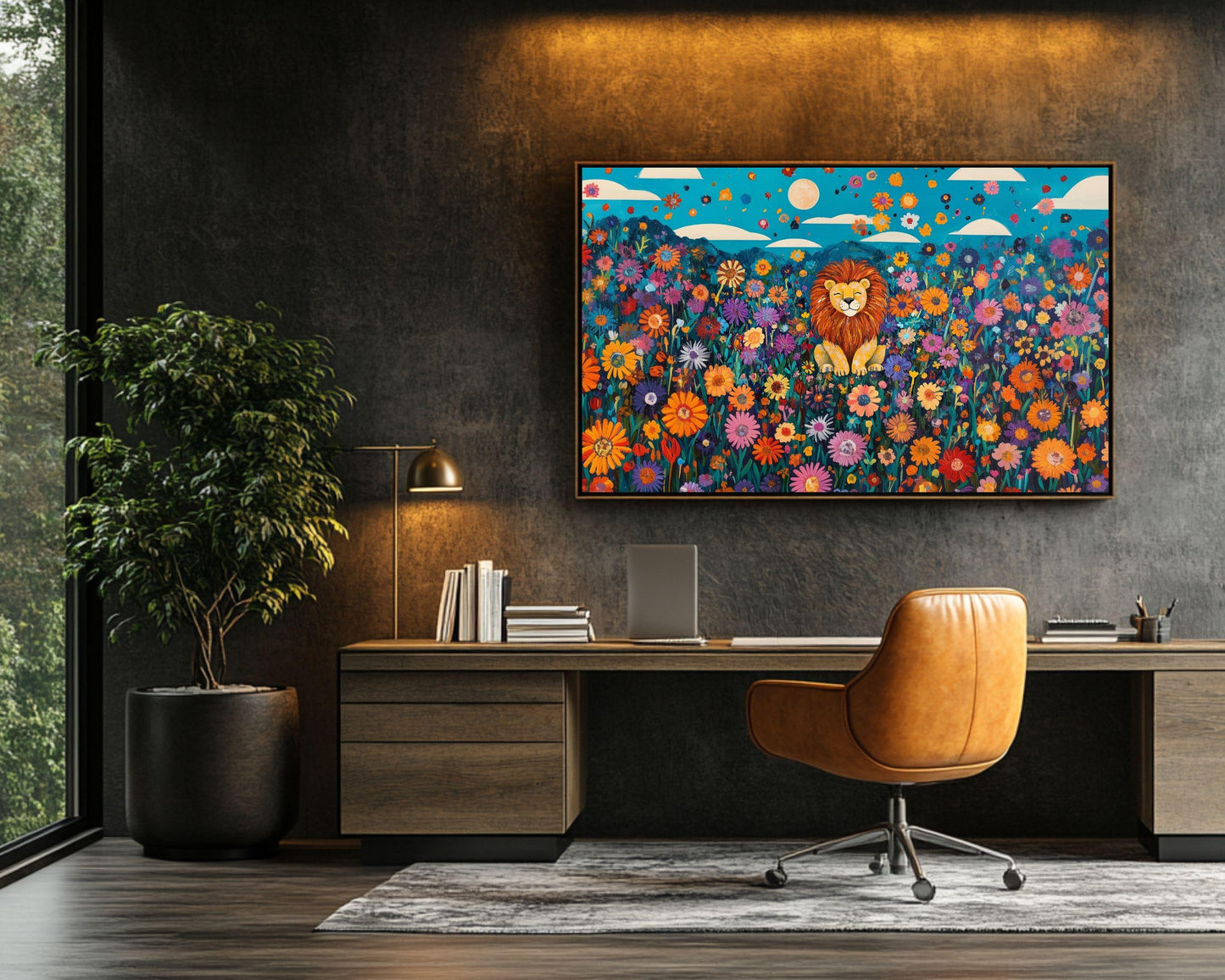 Happy Lion Canvas Print - Vibrant Floral Jungle Wall Art - Kids Art - Playroom or Nursery Décor