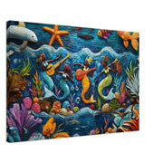 Haitian mermaid playing music in vibrant colors, showcasing Caribbean essence as African American wall art.