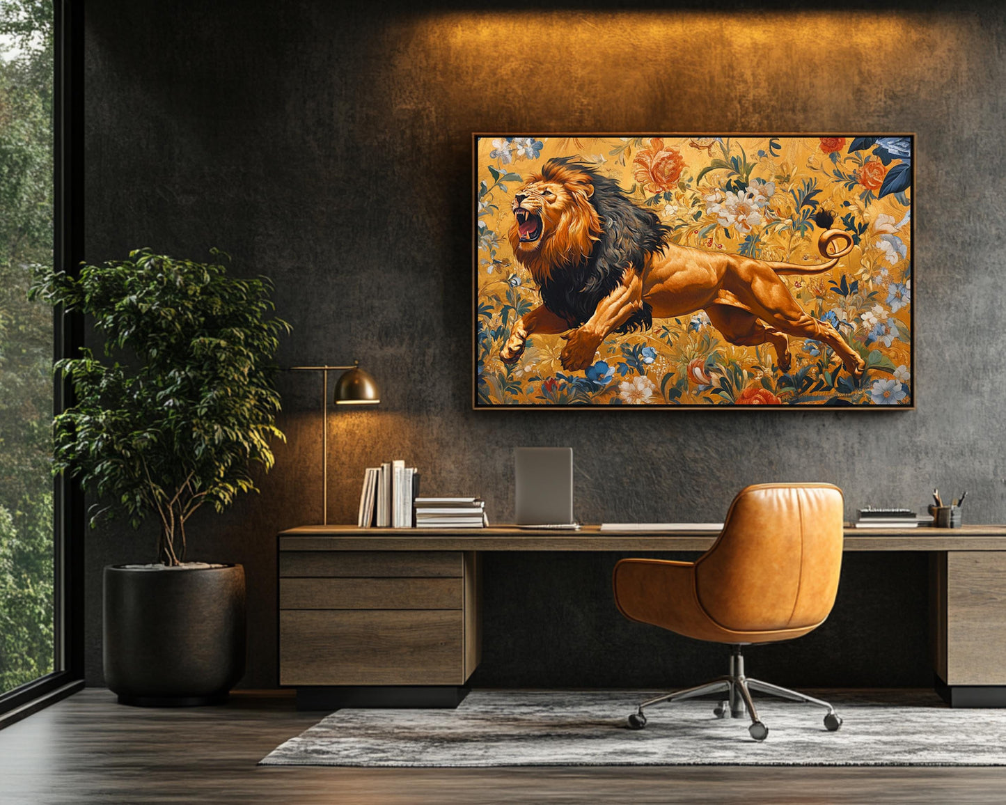 Majestic Lion Canvas Print - Regal Floral Wall Art - Living Room or Office Décor