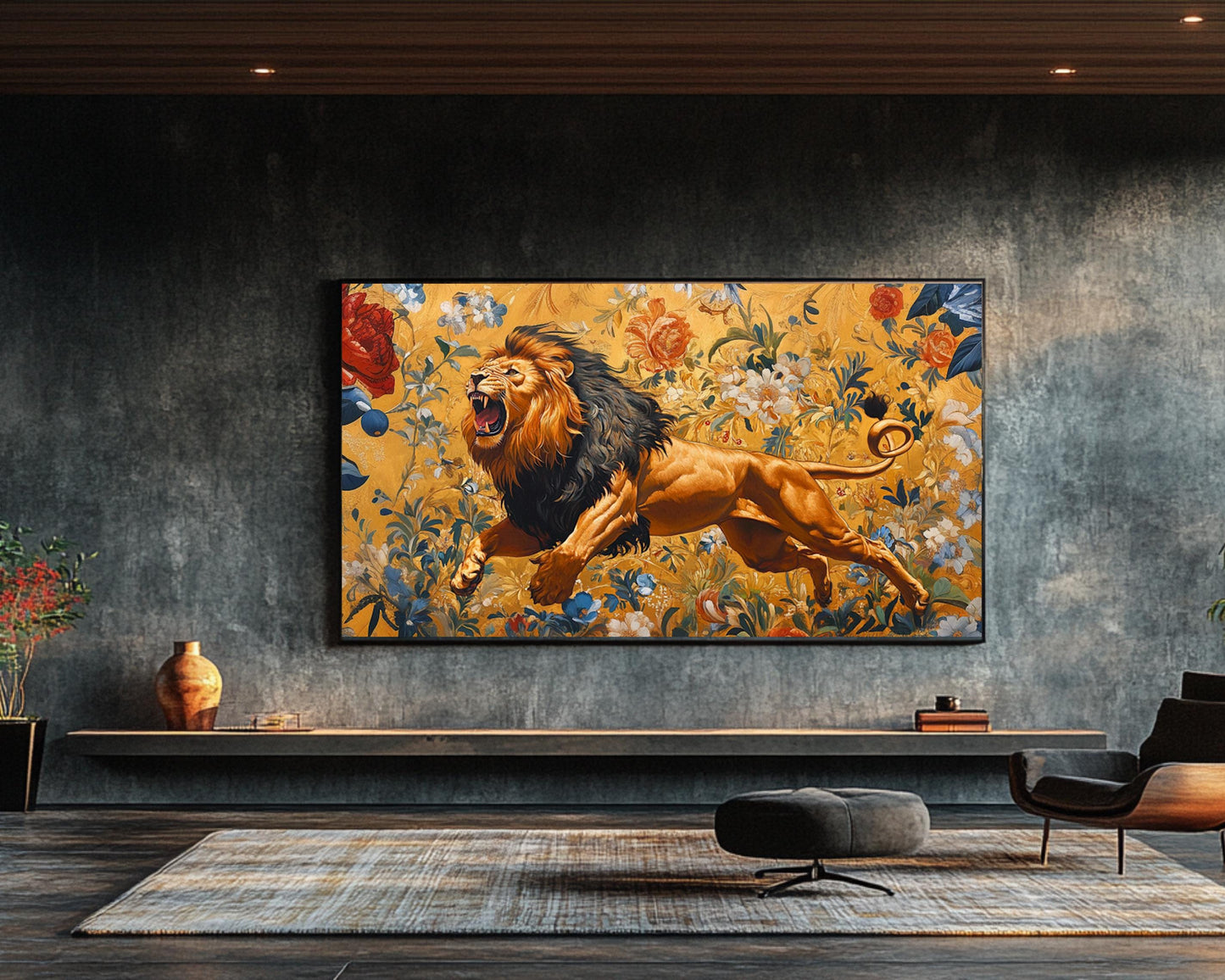 Majestic Lion Canvas Print - Regal Floral Wall Art - Living Room or Office Décor