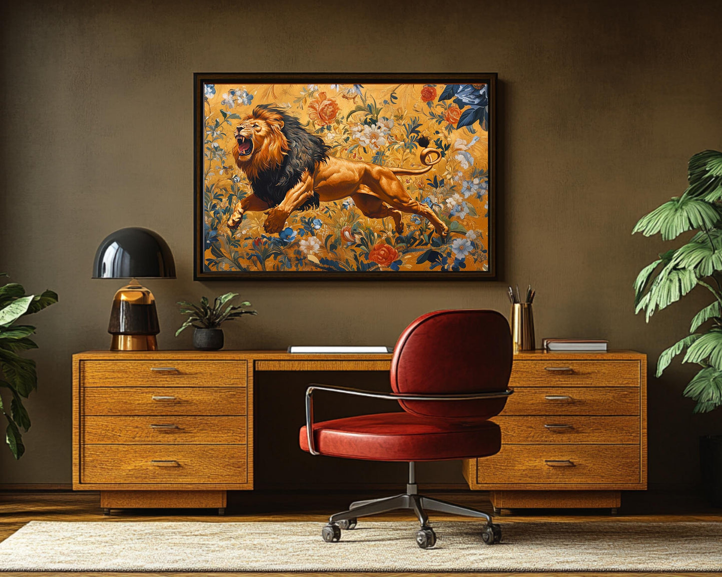 Majestic Lion Canvas Print - Regal Floral Wall Art - Living Room or Office Décor