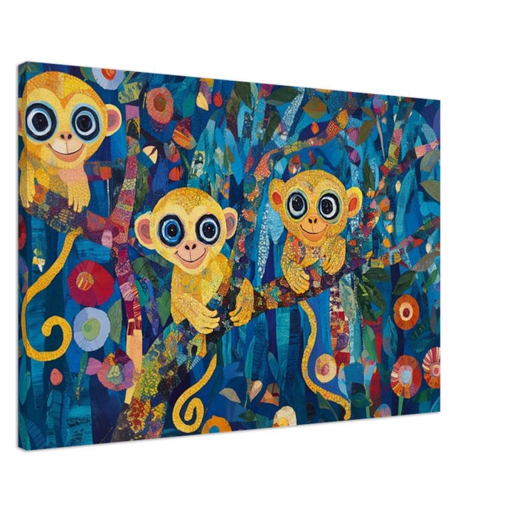 Cheerful monkeys canvas print featuring vibrant colors, perfect as African American wall art for a playful atmosphere.